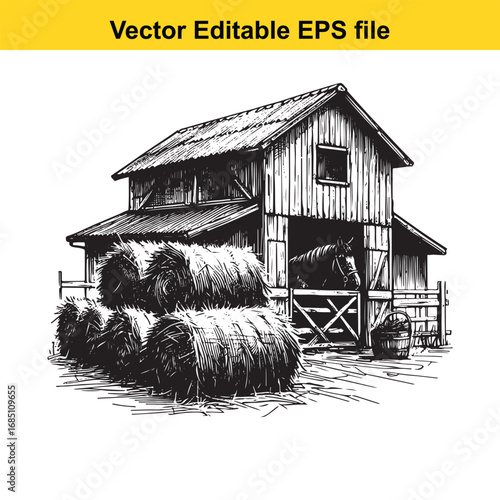 Rustic barn with hay bales and horse in stable, vector illustration