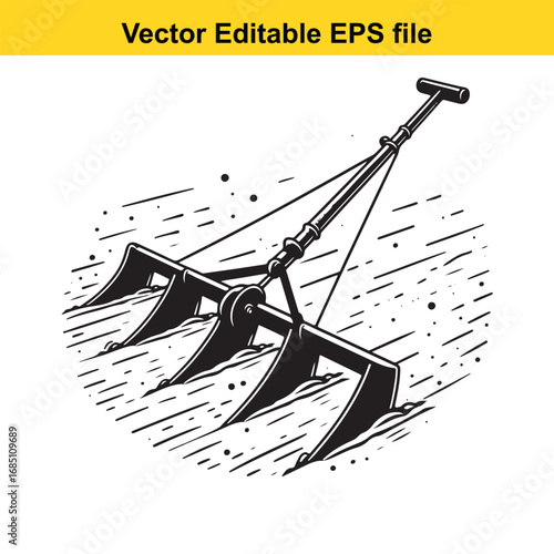 Vintage illustration of a cultivator tool with four tines, isolated on white background