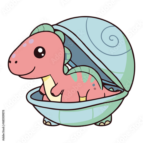 A cute pink cartoon dinosaur character sitting happily inside an open blue seashell.