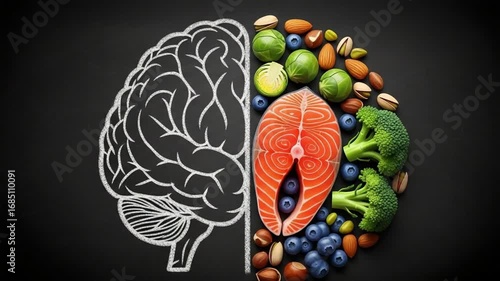 Chalkboard drawing of brain with salmon blueberries and nuts on the right side of the image