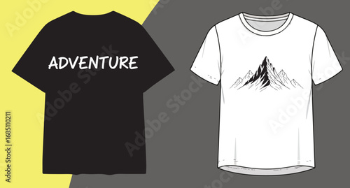 Two tshirts one black with adventure text and one white with mountain graphic