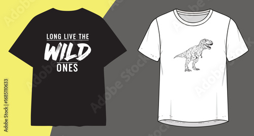 Two t shirts one black with wild text and one white with dinosaur illustration