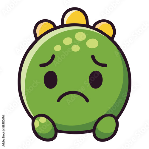 A cute, round, green cartoon monster with a sad expression and yellow bumps on its head.