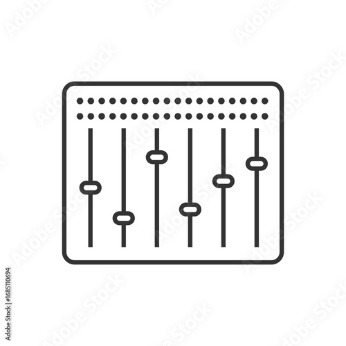 A graphic of a soundboard with five vertical sliders and several round dots at the top. Editable stroke. Vector illustration