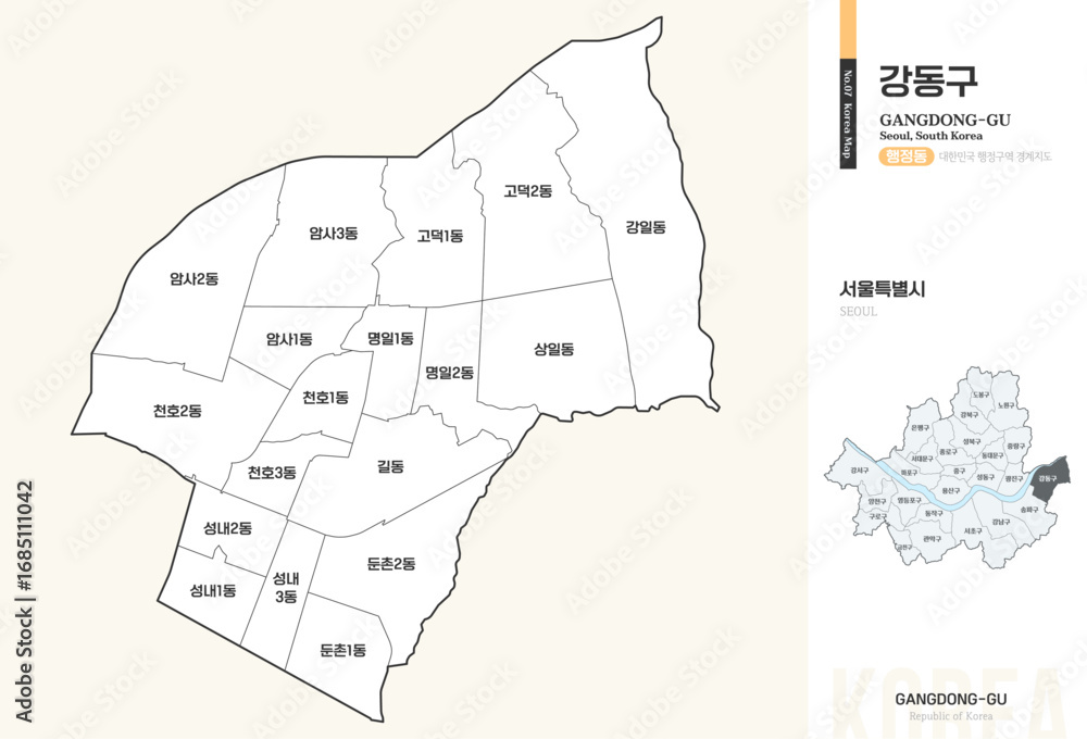 Obraz premium 서울특별시 강동구 행정동 윤곽선 지도