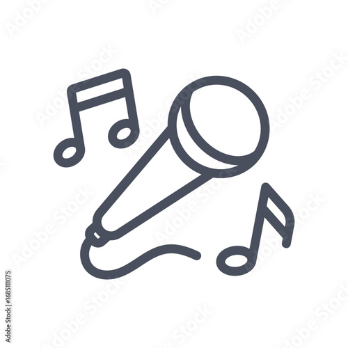 A line art illustration of a microphone surrounded by musical notes. Editable stroke. Vector illustration