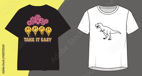 Two t shirts with graphic designs one black with smiley faces and one white with a dinosaur
