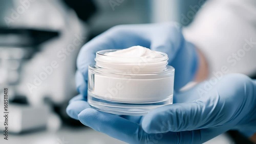 Close up hands of product researcher in gloved, holding a jar filling with white cream with a smooth texture, Product testing, Research and formulation in laboratory. Beauty, skincare and cosmetology	