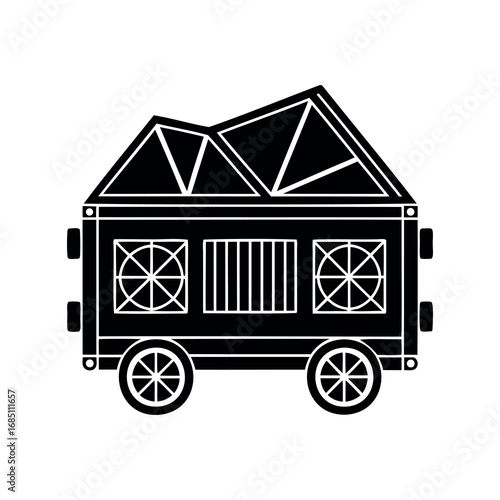 Abstract silhouette of a house on wheels with geometric roof design