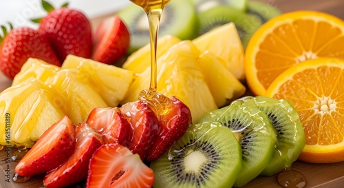 Savor sweet summer bliss with vibrant fruit salad drizzled in golden honey.