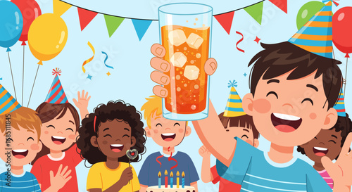 A group of children celebrate a birthday with balloons confetti and a glass of juice with ice cubes held high