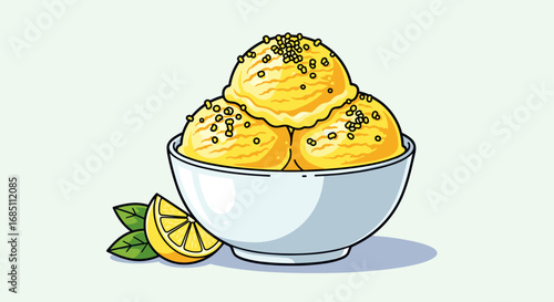 A bowl of lemon ice cream with three scoops and a lemon wedge beside it on a white background color