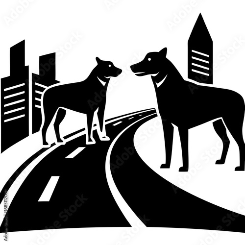 Homeless Dogs on City Road Vector Illustration