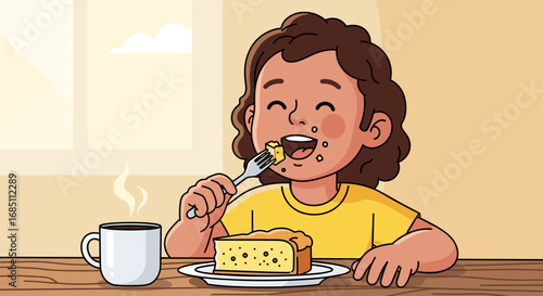 A cartoon girl with curly hair is happily eating cake with a fork while drinking coffee at a table