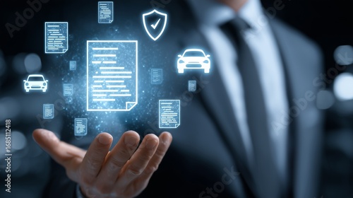 Wallpaper Mural Half-body torso of a professional in a modern office, glowing holographic car and shield icons mixed with flat clean insurance documents floating in front Torontodigital.ca