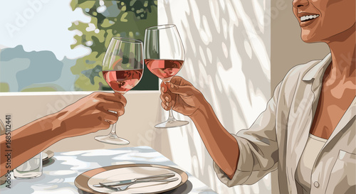 People toasting with rose wine glasses at an outdoor table in a bright setting with natural light and shadows