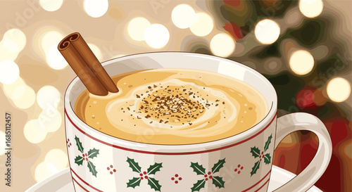 Close up of christmas mug with eggnog topped with whipped cream and cinnamon stick near christmas tree