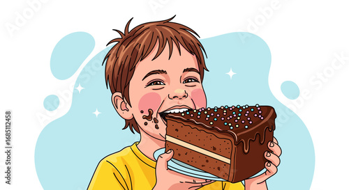 A boy with brown hair eating a large slice of chocolate cake with sprinkles and chocolate frosting joyfully