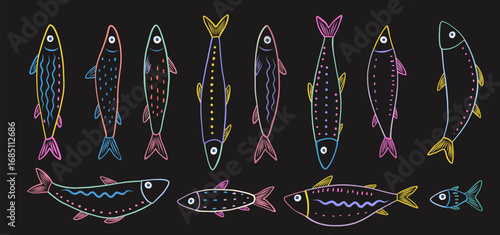 Colorful sardines doodle collection on black background – hand drawn neon line art fish with decorative patterns, marine elements for kids design, seafood illustration, wrapping paper or textile print