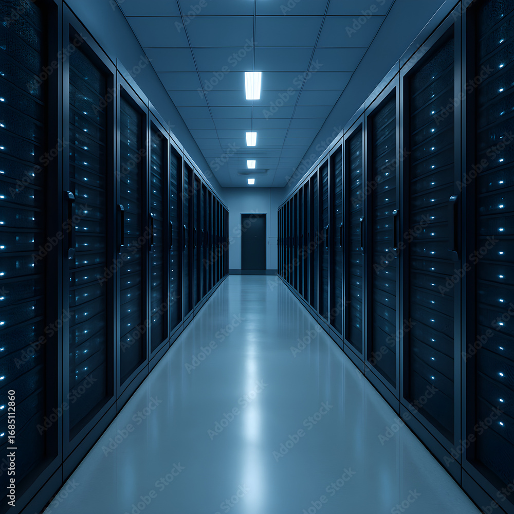 Fototapeta premium Modern data center server room with rows of illuminated network racks in blue lighting