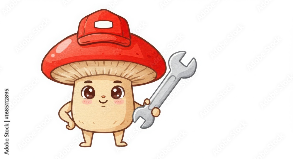 Obraz premium A cute cartoon mushroom character mechanic holding wrench in a colorful watercolor illustration