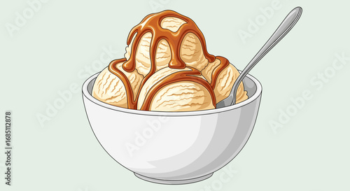 A bowl of vanilla ice cream with caramel sauce and a spoon resting inside on a light blue background