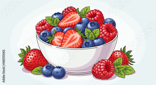 A bowl filled with a mix of fresh strawberries blueberries and raspberries with mint leaves around it