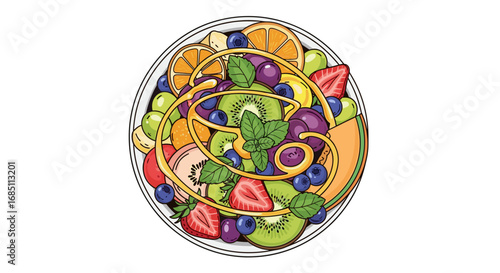 An oval bowl filled with a colorful assortment of fresh fruits and a drizzle of golden syrup on top