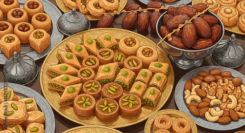 A detailed illustration shows an assortment of middle eastern sweets and dates arranged on ornate plates