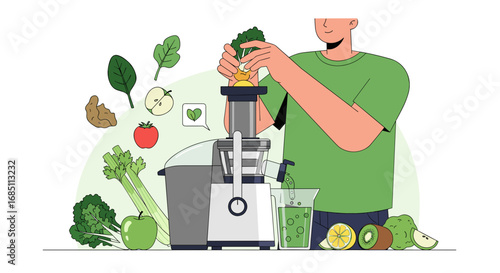 Person making green juice with juicer and various fruits and vegetables around the appliance shown