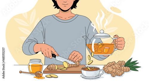 Person preparing ginger tea with honey, slicing ginger root on a wooden board near a teapot and cup