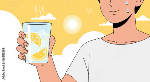 Person holding a glass of lemon water with sweat on forehead under a bright sun and cloudy background