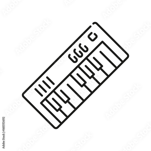 A minimalist line drawing of a portable keyboard with keys and control buttons. Editable stroke. Vector illustration
