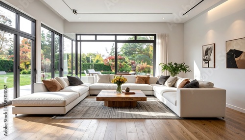 Modern, spacious living room with large windows overlooking garden