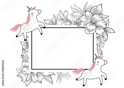 cute horizontal border coloring page with unicornes and beautiful floral ornament; easy to print!