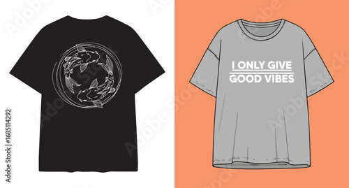 Two tshirts one black with graphic print and one grey with text