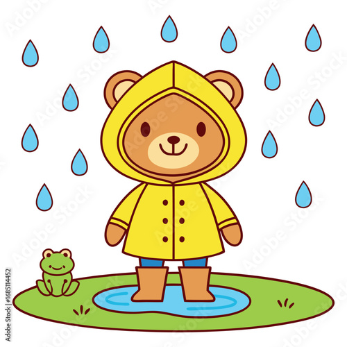 Cute happy cartoon bear in raincoat isolated on white background