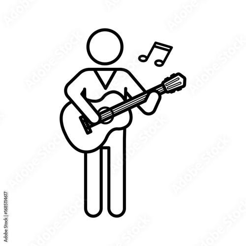 A stick figure stands playing a guitar with a musical note graphic next to it. Editable stroke. Vector illustration