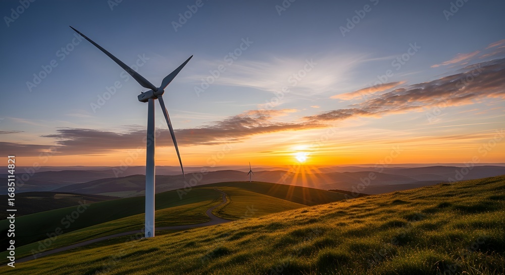 Obraz premium Wind turbines at sunset on a rolling green hill generating clean renewable energy for the future