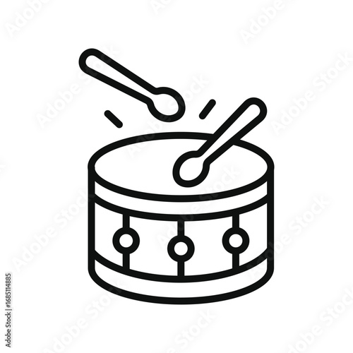 A stylized drum with two drumsticks one poised above in simple black outline. Editable stroke. Vector illustration
