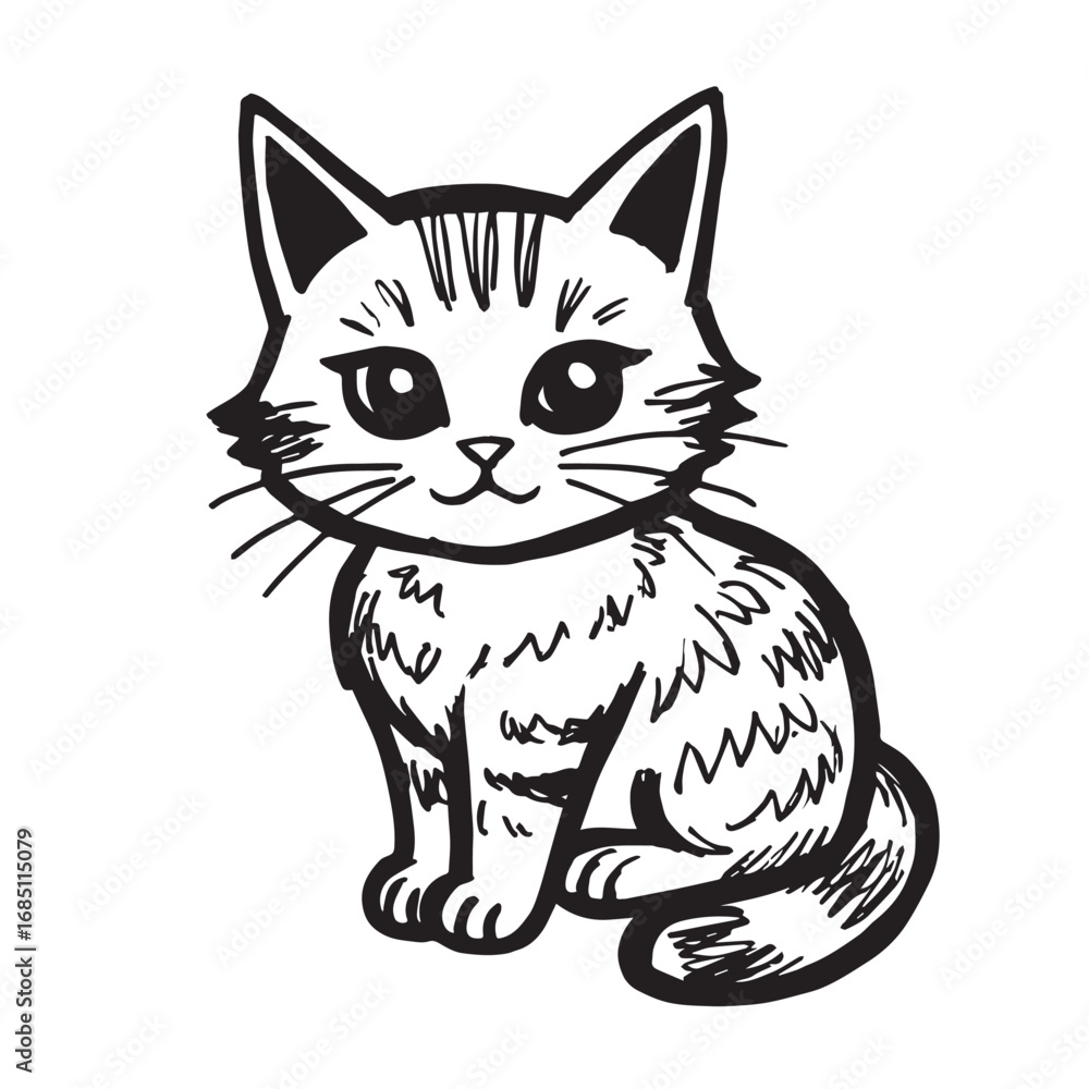 Obraz premium Cat Doodle Black and White Illustration Vector Image Cute Kitten Sketch Line Art Drawing Silhouette
