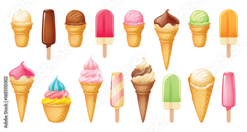 Ice cream vector colorful set. Popsicles and waffle cones with soft ice cream. Sweet dessert.