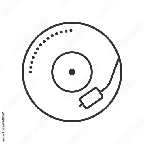 A vinyl record player outlined in black with a stylus arm and a dotted outer edge. Editable stroke. Vector illustration