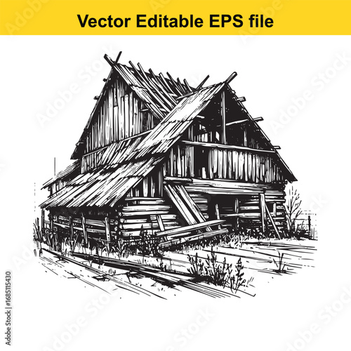 Rustic abandoned wooden barn in sketch style with distressed textures