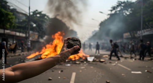 Hand with rock in foreground of intense street protest with fire and smoke, civil unrest