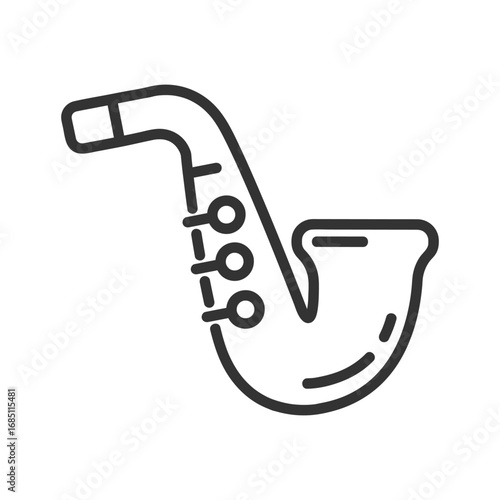An outlined saxophone with a mouthpiece curved neck valves and a bell. Editable stroke. Vector illustration