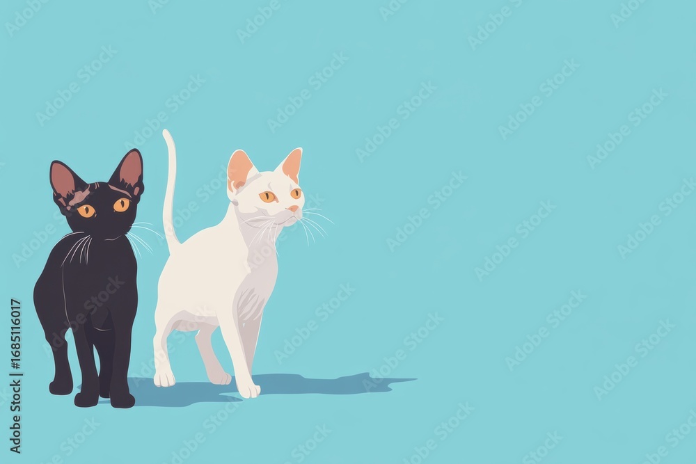 Fototapeta premium Cute black and white cats walking together against a blue background