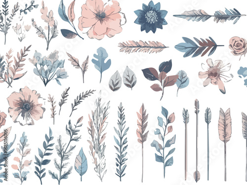 Delicate watercolor botanical elements featuring flowers leaves feathers and grasses in soft hues