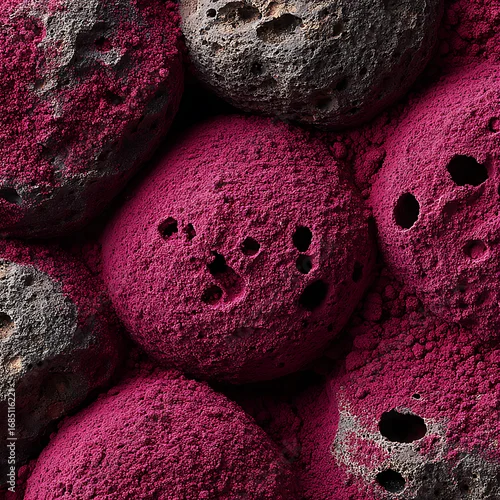 Obraz An abstract macro texture of porous gray rocks covered in a vibrant magenta powder. A high-contrast image of natural and artificial elements.
