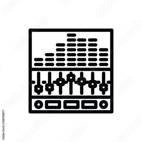 Black and white audio mixing console icon with equalizer bars and sliders. Editable stroke. Vector illustration